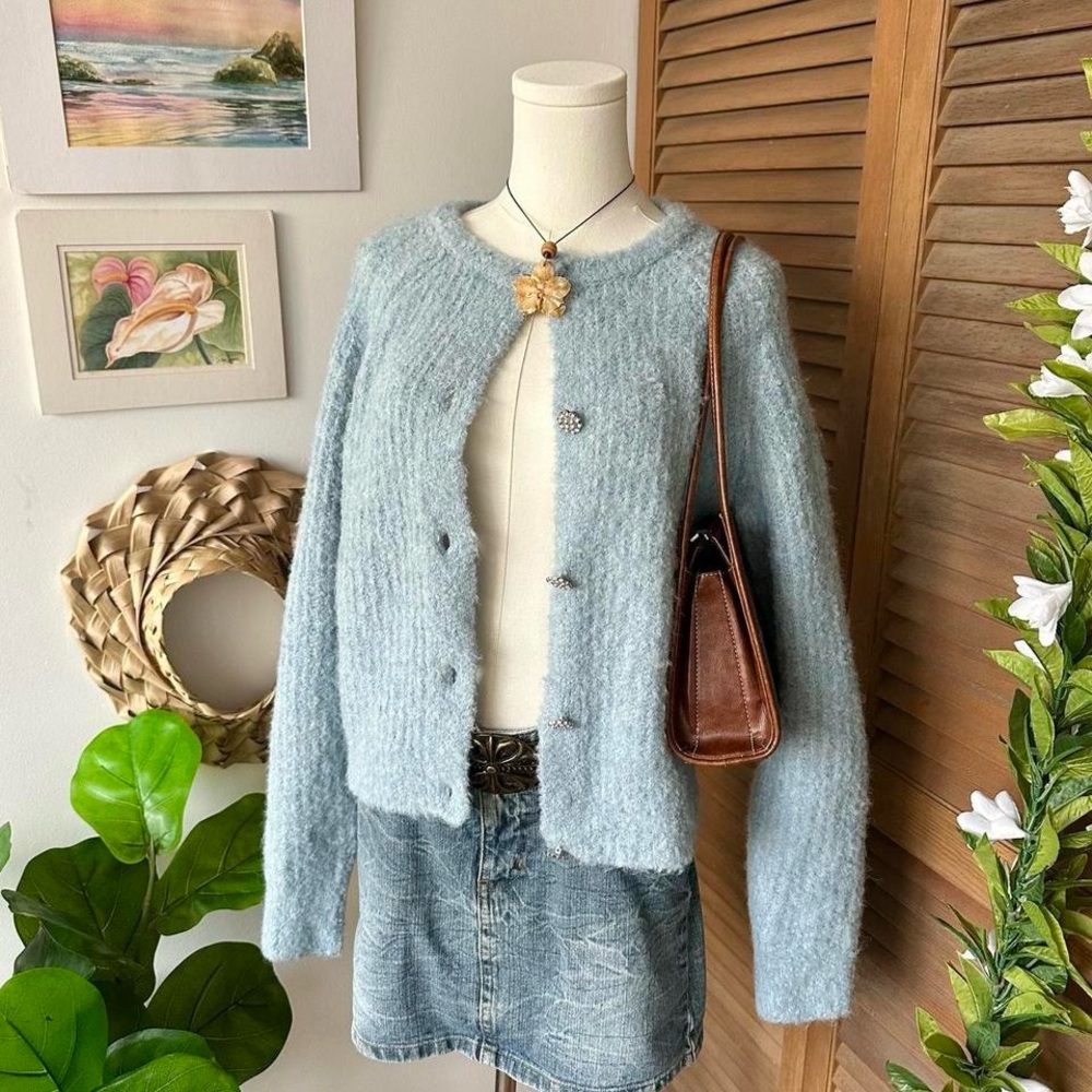 blue cardigan sweater
